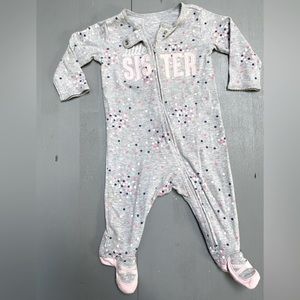 Carters Infant's 6M Onesie Zipper & footed grey “Little Sister” Polka dots Flaws